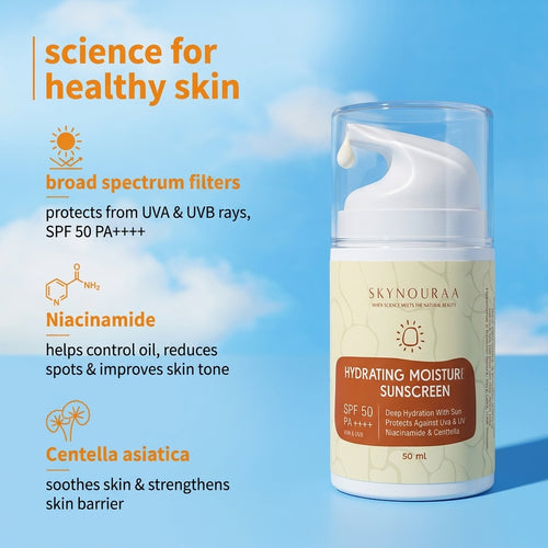 Skynouraa Hydrating Moisturising Sunscreen SPF 50 PA++++ | With Niacinamide, Ceramide NP & Hyaluronic Acid | Broad Spectrum UVA/UVB Protection | Lightweight | All Skin Types